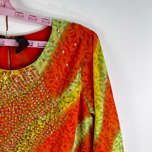 VTG As-Hro Sequin Flowing Color Blouse Womes Size S Orange Yellow Long Sleeve - Picture 3 of 10